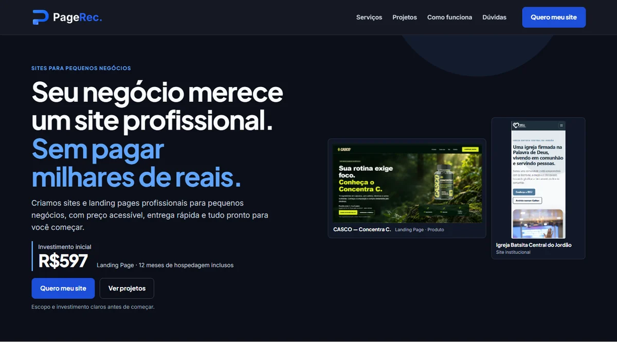 Captura do hero da PageRec em tela desktop.