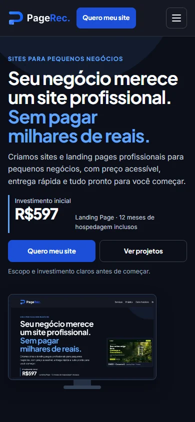Captura do hero mobile da PageRec em tela de smartphone.